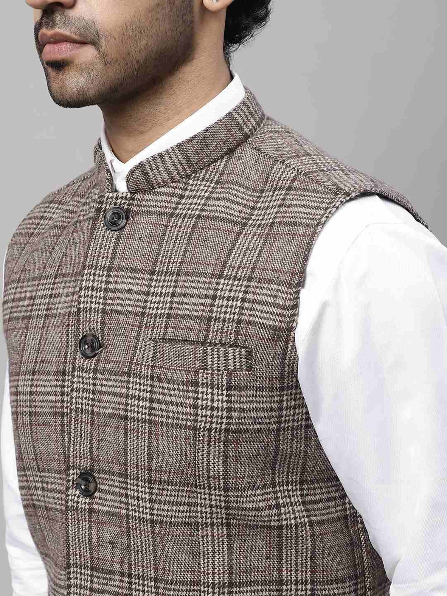 Even Beige Regular Fit Checks Nehru Jacket