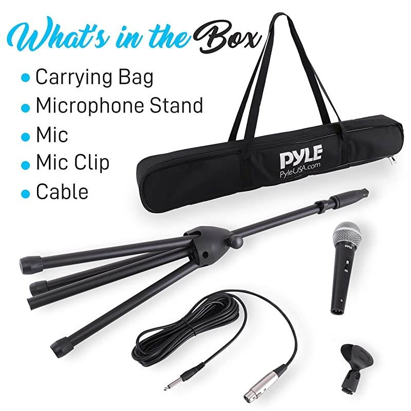 Professional Handheld Dynamic Microphone Kit - Unidirectional Vocal Wired Microphone w/Carry Bag, Metal Mic Stand, Holder/Clip & 16.4ft XLR Audio Cable to 1/4'' Audio Connection -  PDMIC88ST