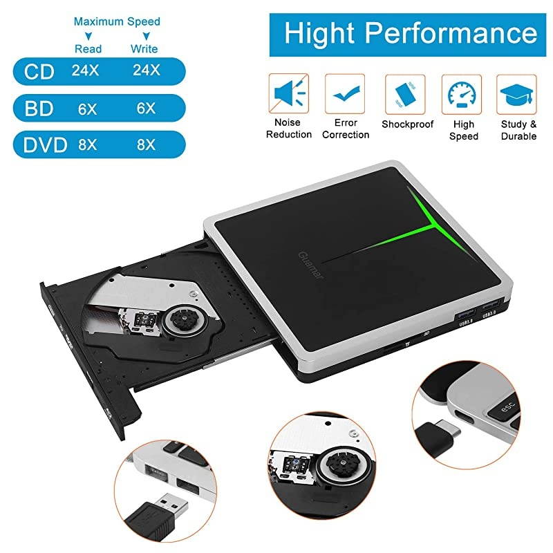 External Bluray DVD Drive, USB 3.0 and Type-C Blu-Ray Writer Portable DVD Burner Slim 3D Bluray BD CD DVD Drive Player for Laptop Mac OS PC Desktop Windows Support SD/TF Card Reader