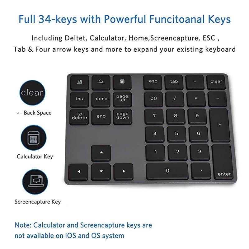 Numeric Keypad Portable Wireless 34Key External Number pad with Multiple Shortcuts for Computer Laptop Windows Surface Compatible with Apple iMac Mackbook iPad Black