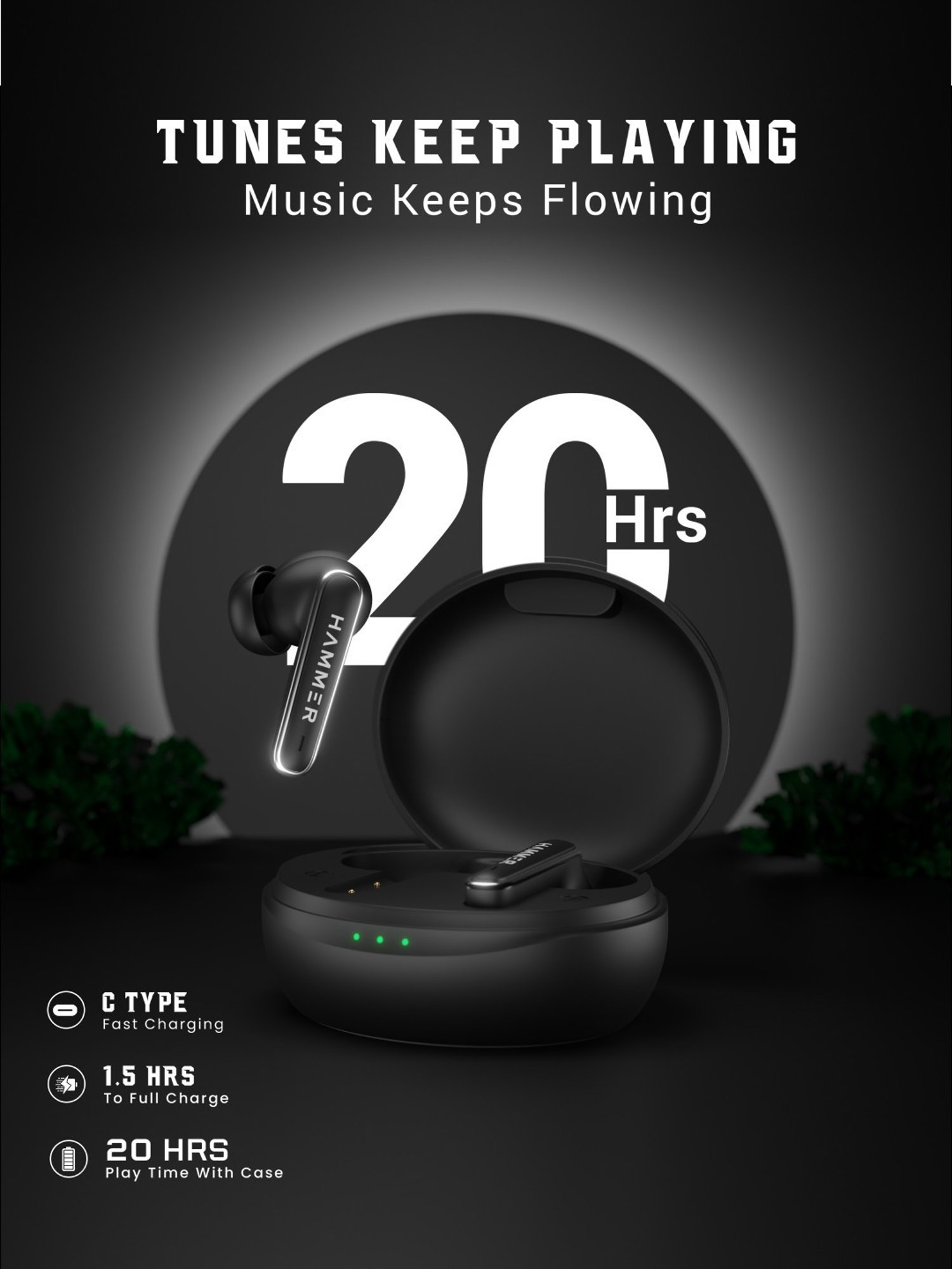 Hammer Airflow Lit in-Ear Earbuds with Upto 20H Playtime,Touch Controls (Black, True Wireless)