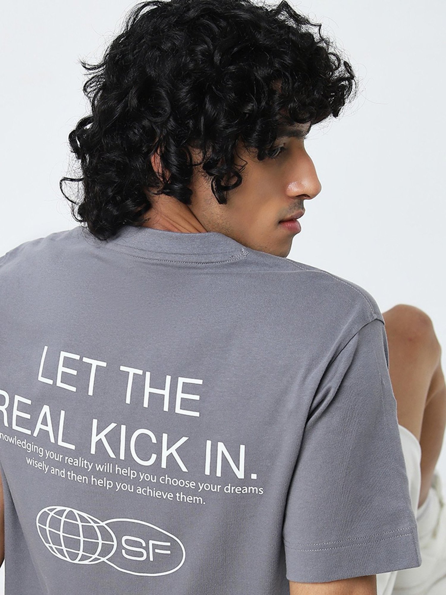 Studiofit by Westside Grey Text Printed Relaxed-Fit Cotton T-Shirt