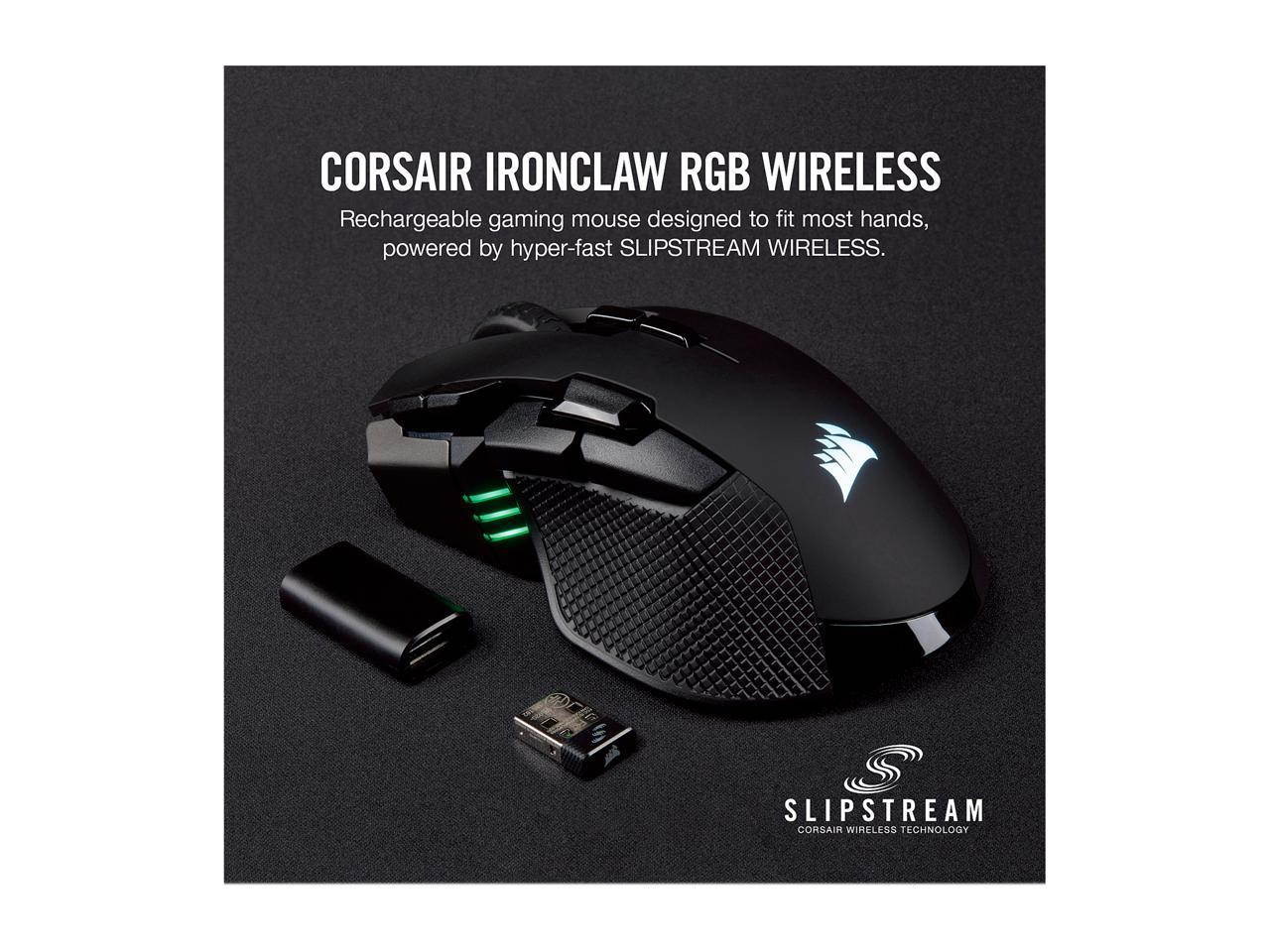 CORSAIR IRONCLAW RGB Wireless Rechargeable Gaming Mouse with SLIPSTREAM WIRELESS Technology, Black, Backlit RGB LED, 18000 dpi, Optical