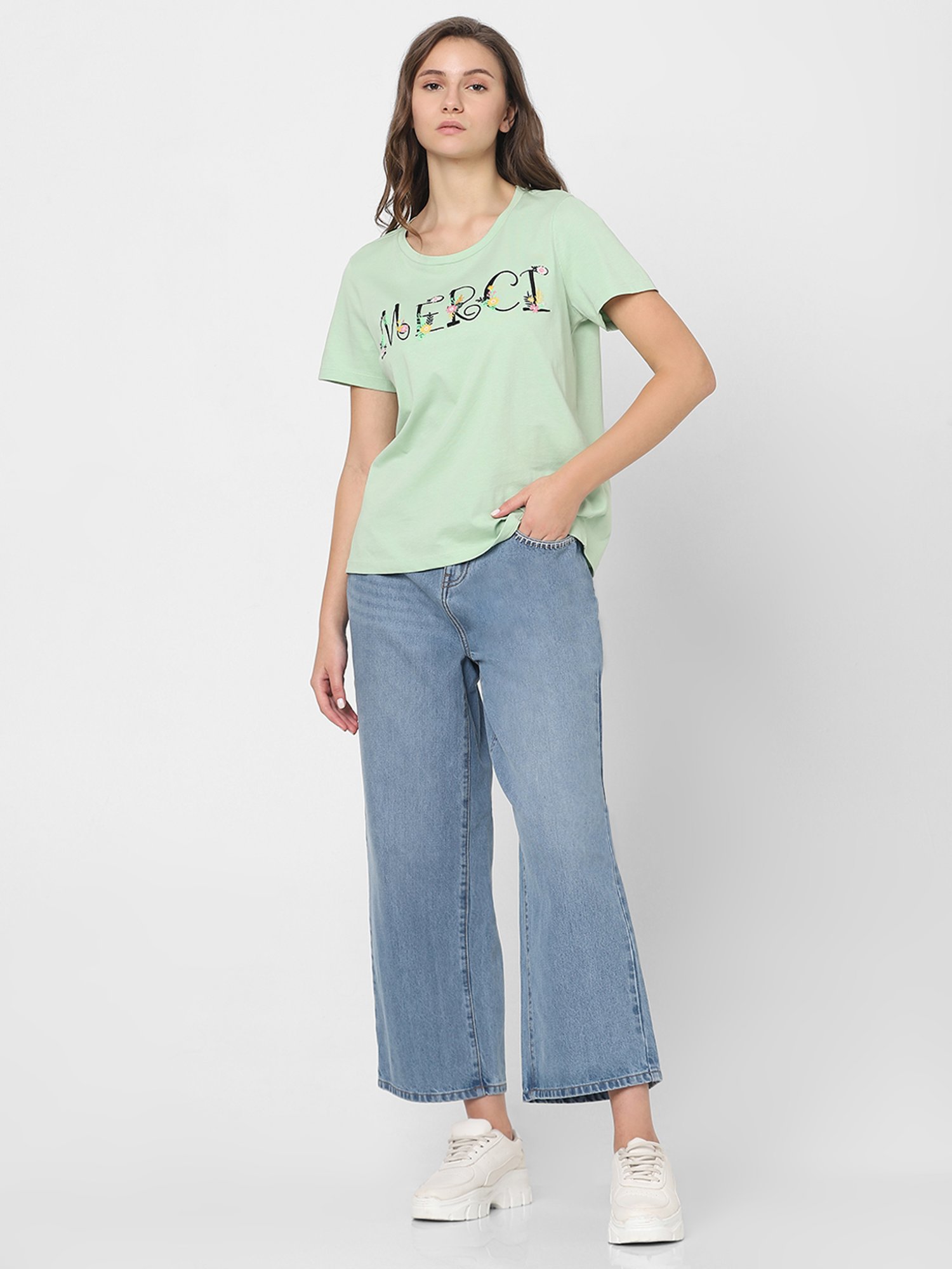 Vero Moda Sage Green Cotton Embroidered T-Shirt