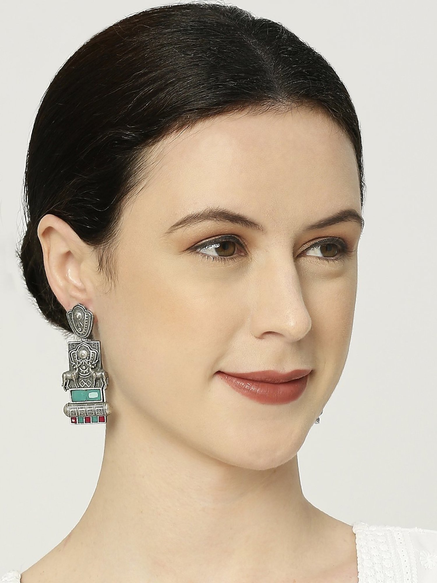 OOMPH Silver Oxidized Look Alike Green Stones Deer Shape Ethnic Dangler Earrings