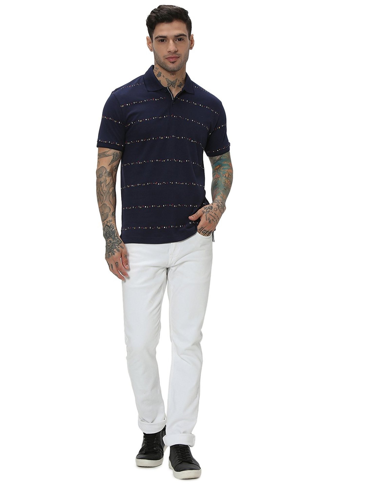 Mufti Navy Slim Fit Graphic Print Cotton Polo T-Shirt