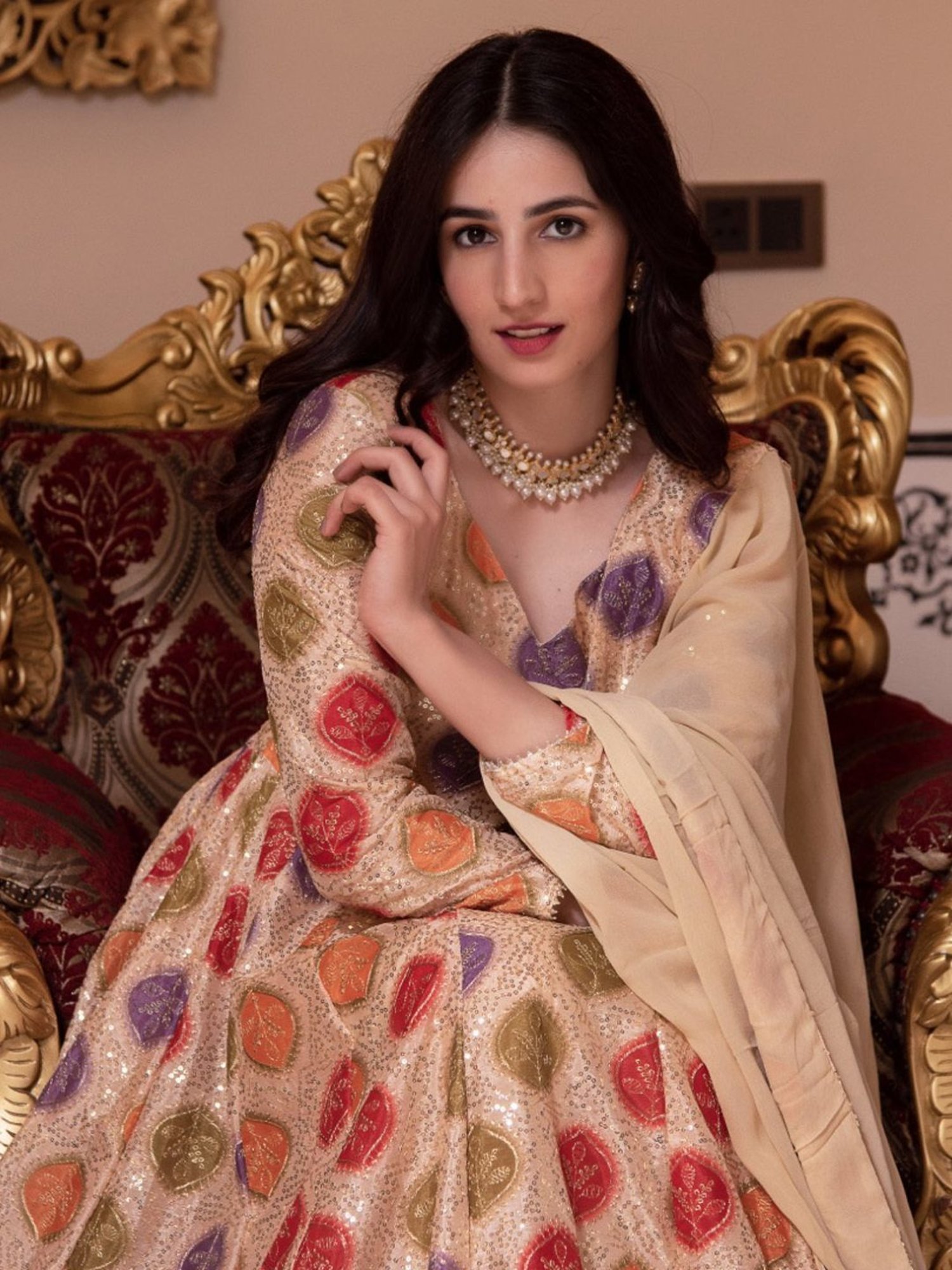 Calmna Sitara Beige Sequin Anarkali Suit Set