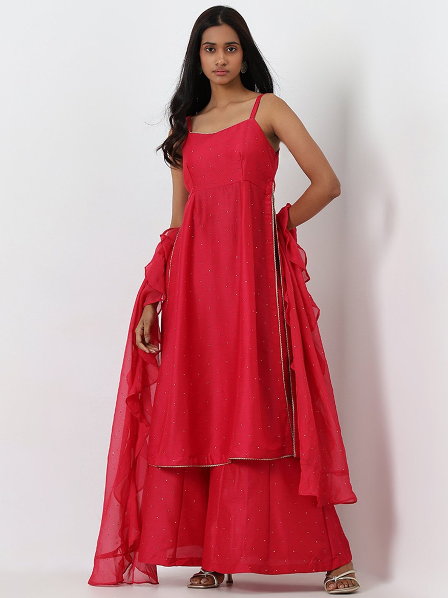 Vark by Westside Pink Embellished Kurta, Palazzos & Dupatta Set