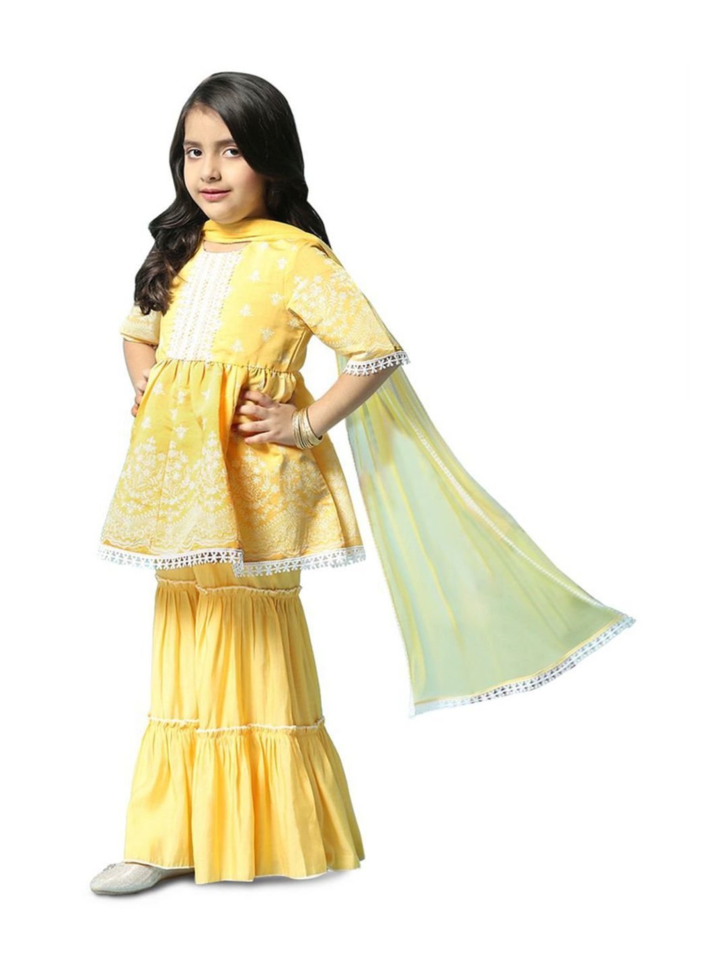 Biba Girls Yellow & White Embroidered Kurta Set