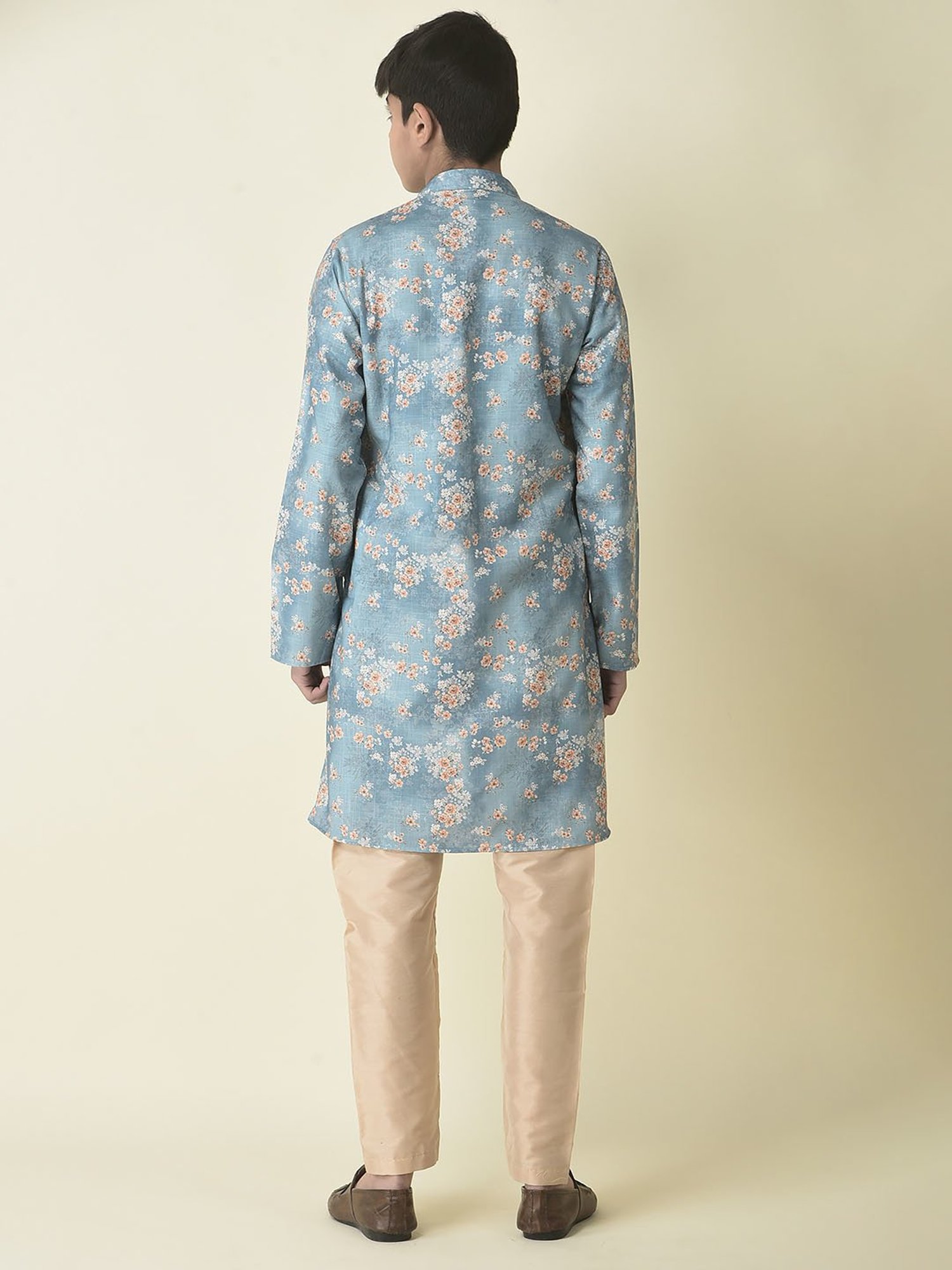 TABARD Kids Blue & Beige Floral Print Full Sleeves Kurta with Churidar
