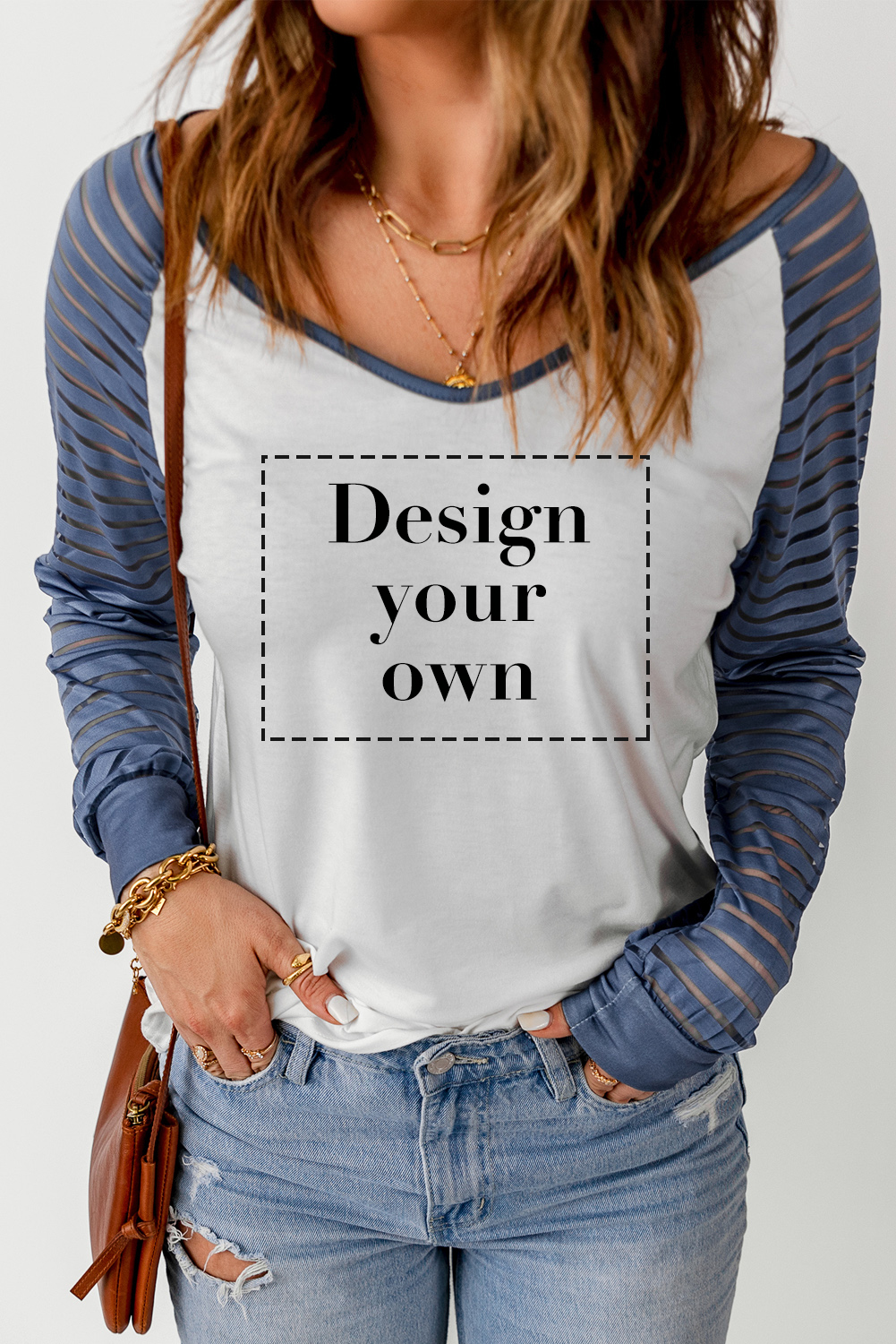 Blank T Shirt - Dark Blue and White Mesh Contrast Casual T Shirt Customized