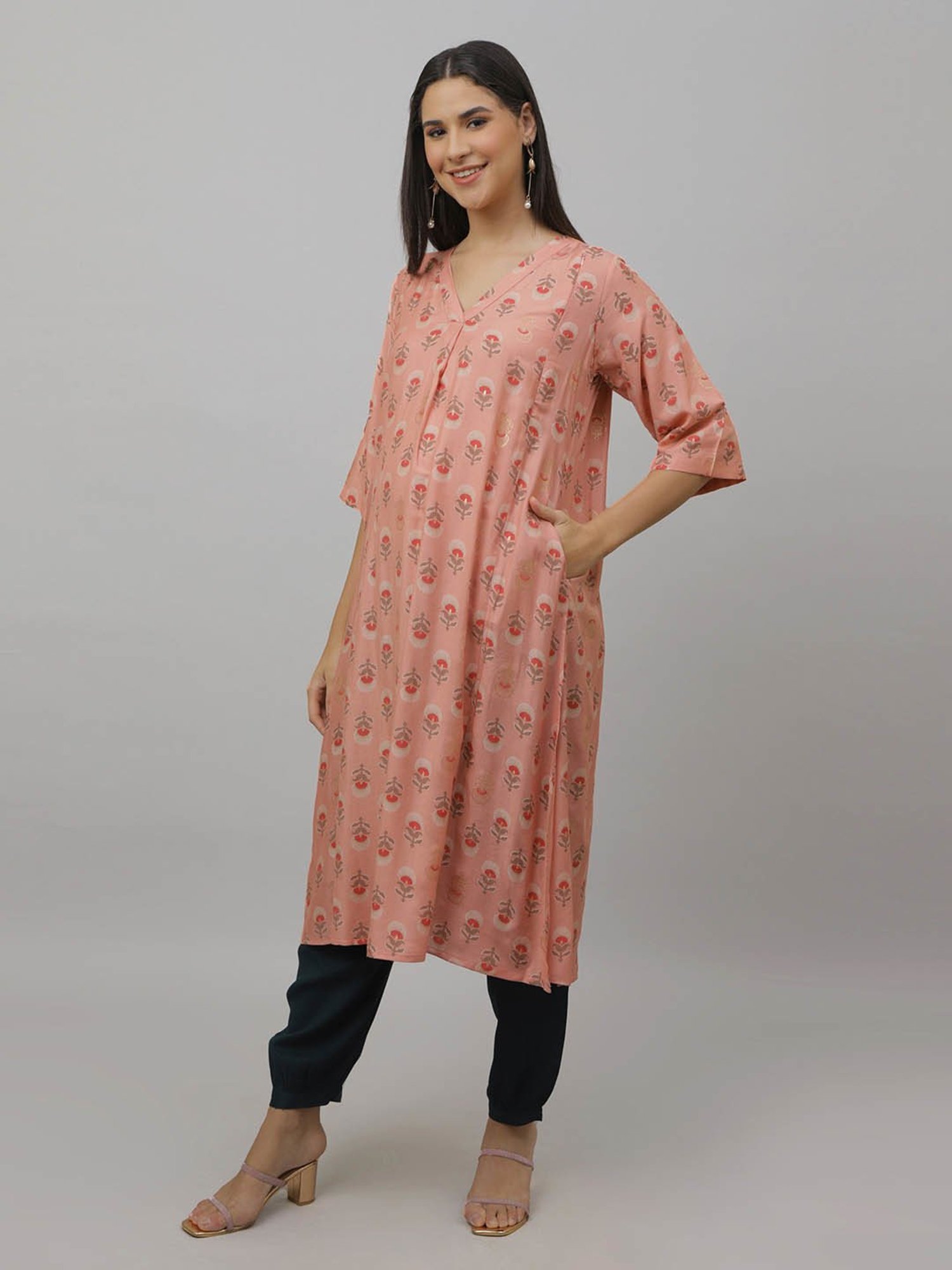 The Mom Store Peach Printed Maternity & Nursing Kurta Pant Set