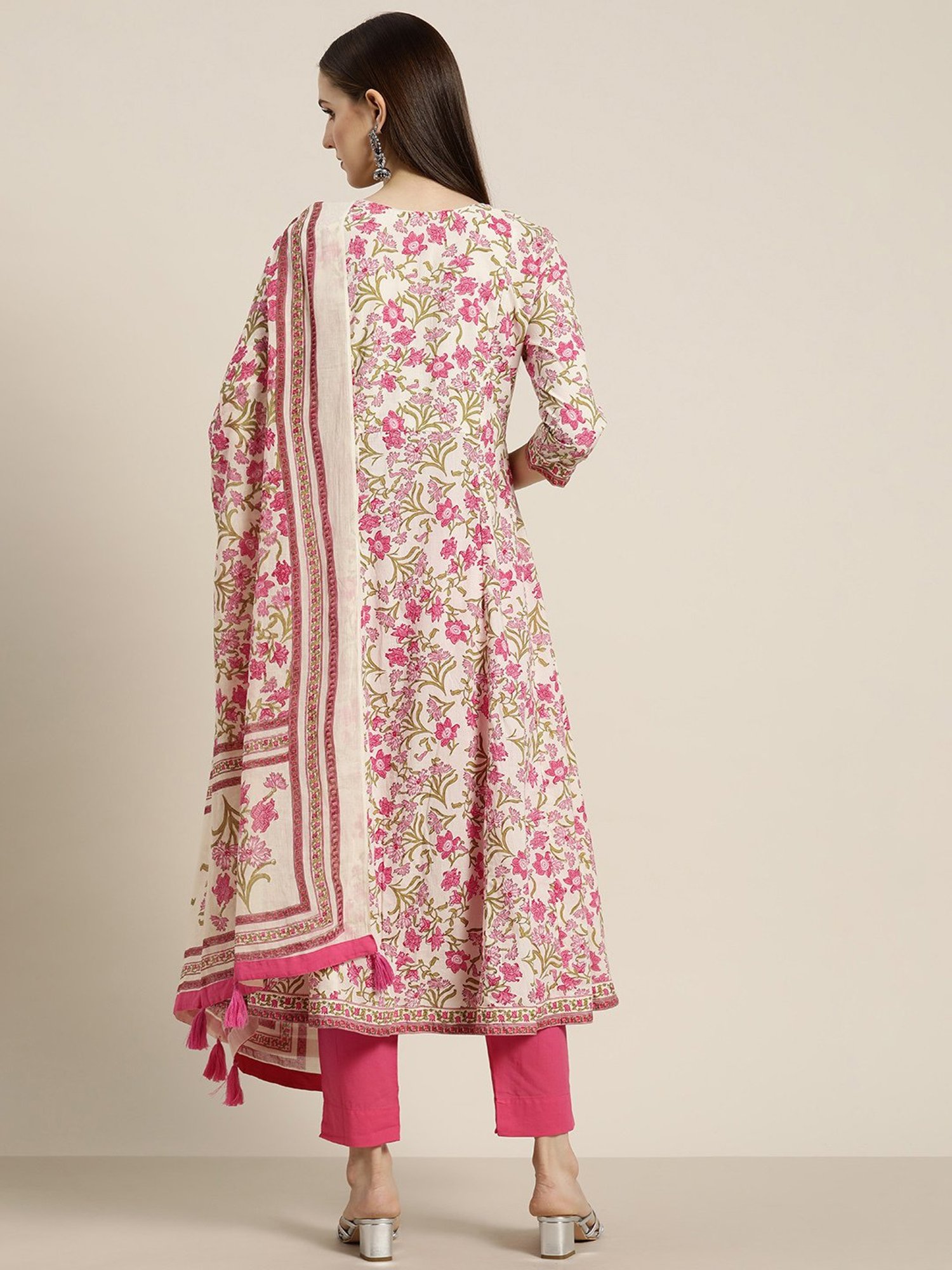 Rain and Rainbow Pink Floral Print Kurta With Pant & Dupatta