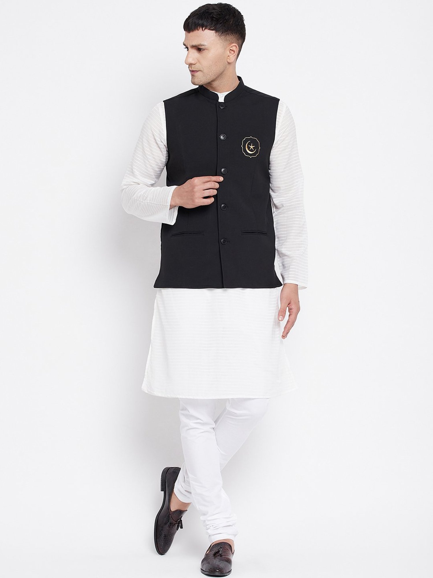 Even White & Black Kurta Churidar Set With Nehru Jacket