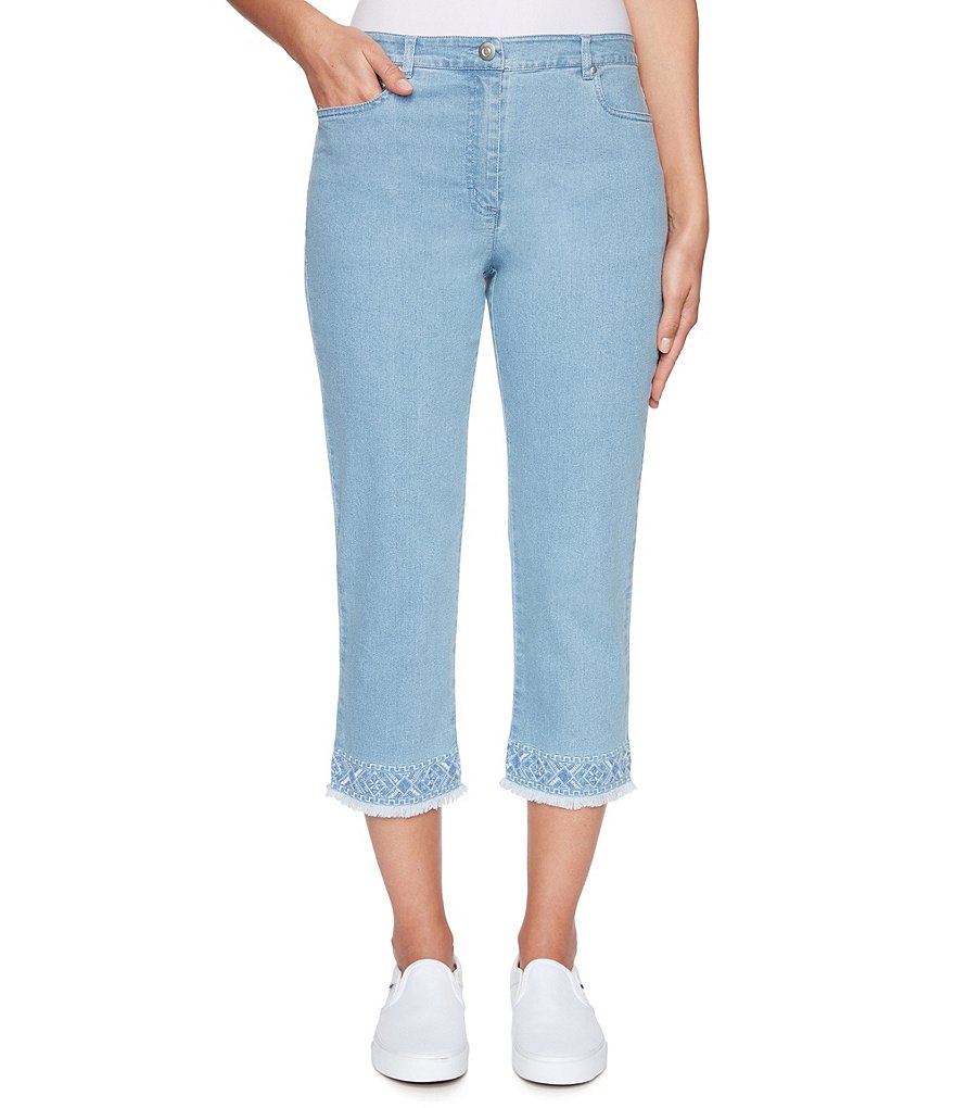 Ruby Rd. Stretch Soft Denim Embroidered Frayed Hem Capri Jeans