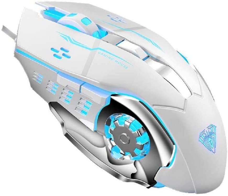 Wired Gaming Mouse 6 Programmable Buttons Ergonomic Mice Colorful LED Light for PC Computer Laptop White