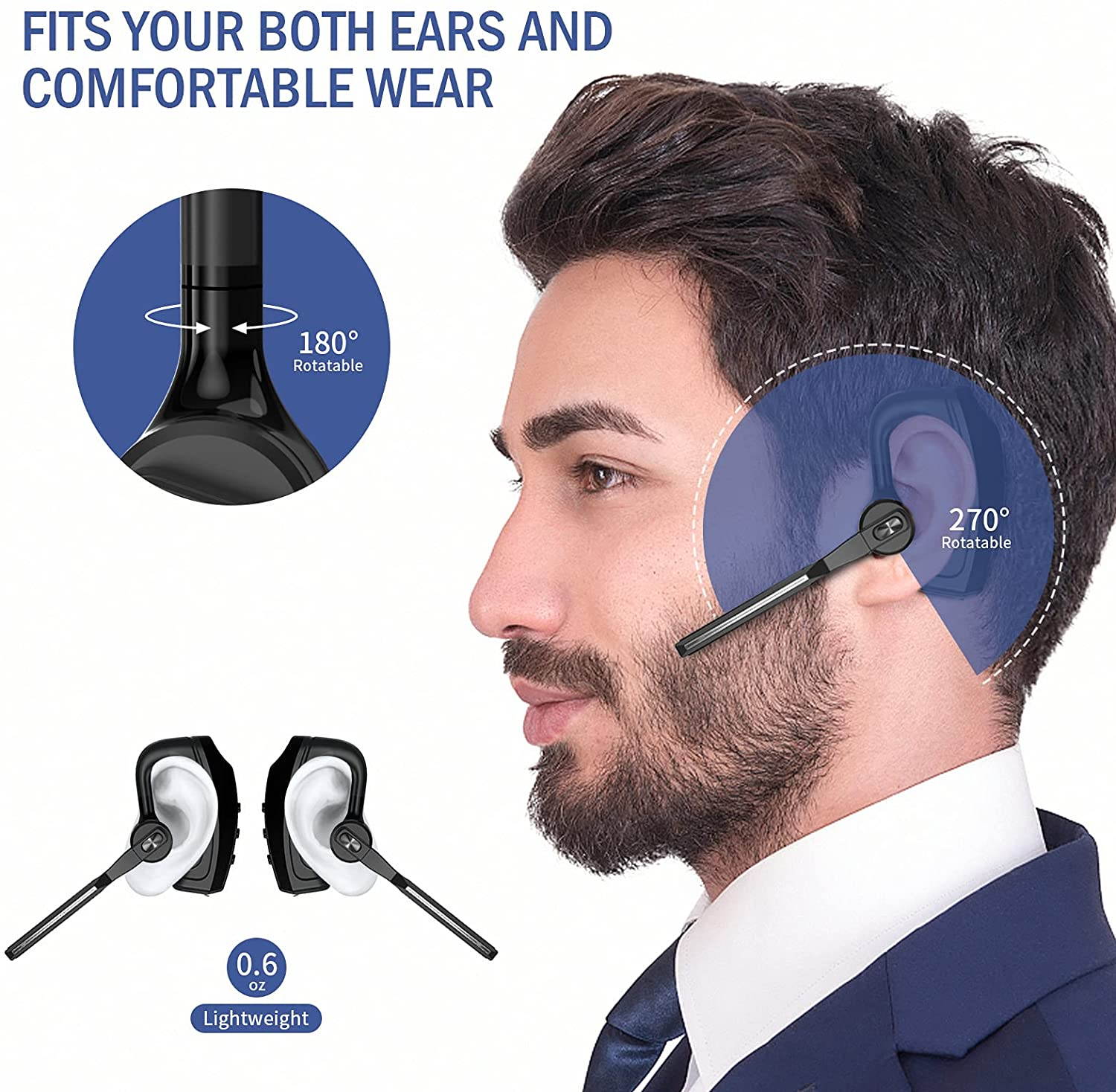 Bluetooth Headset, Jelly Comb Noise Canceling Wireless Earpiece with CVC8.0 Dual Mic, Hands-Free Earphone for Driving/Business/Office, Compatible iPhone Android Cell Phones Laptop