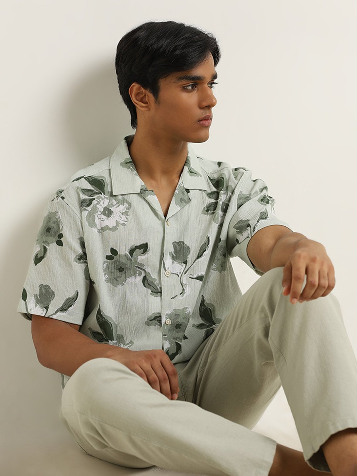 ETA by Westside Light Sage Floral Printed Relaxed-Fit Cotton Shirt