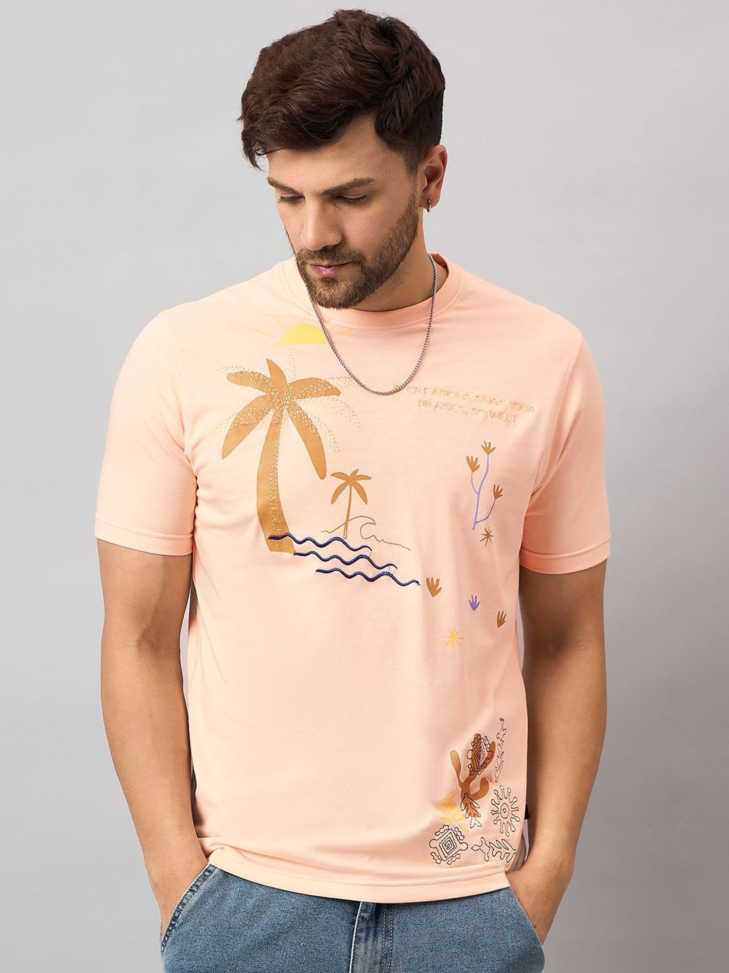 Club York Peach Regular Fit Printed T-Shirt