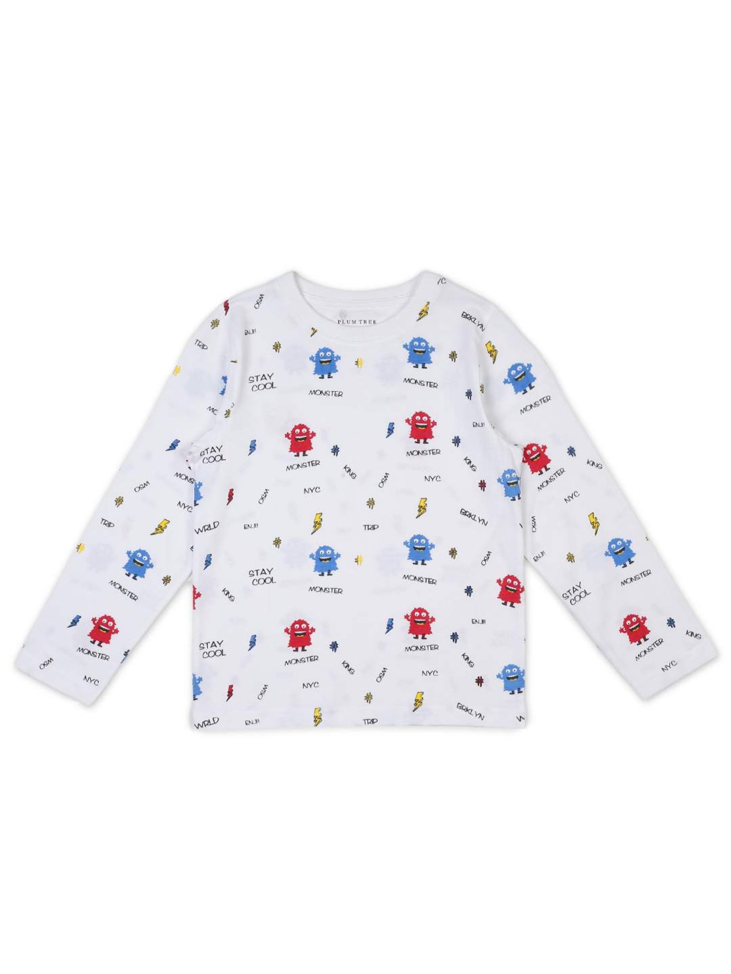 Plum Tree Boys Off White & Green Printed T-Shirts