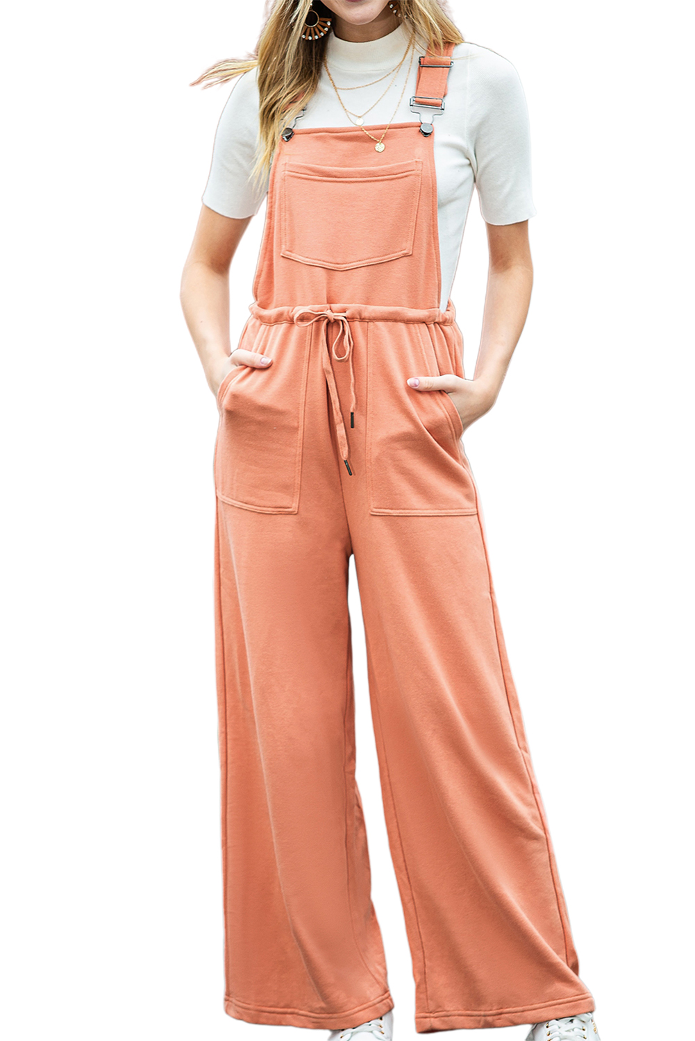 Rose Tan Solid Self Tied Straps Pleated Wide Leg Jumpsuit