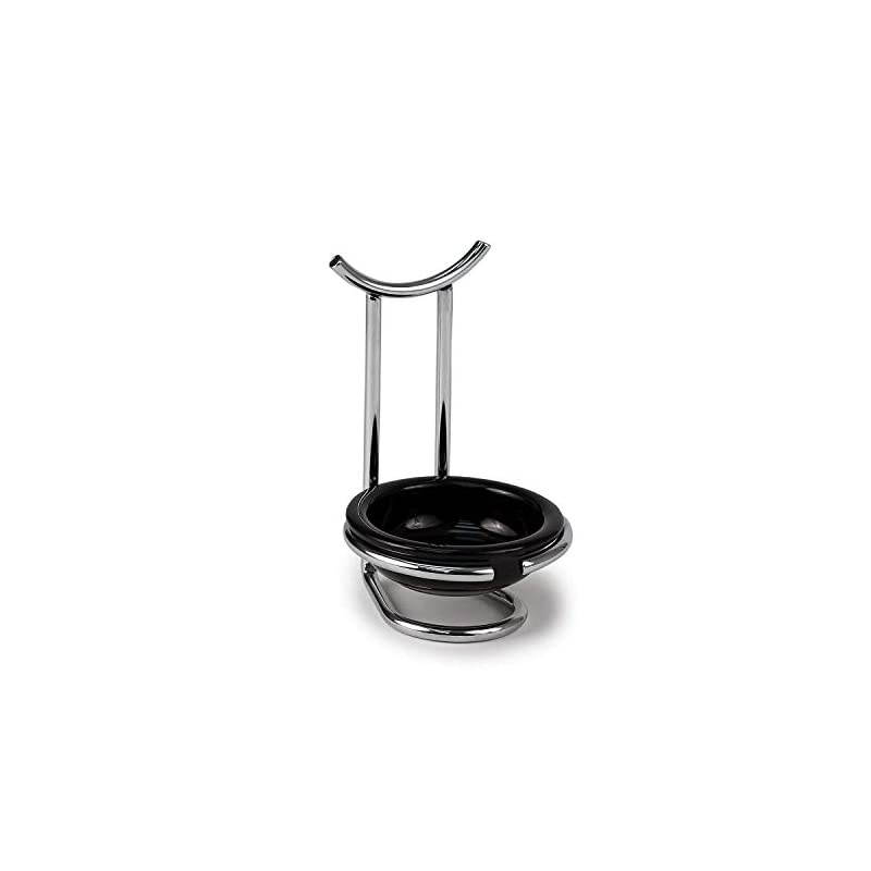 Euro Standing Spoon Rest with Ceramic Dish Upright Utensil Holder for Stovetop & Kitchen Counter Organization, Modern Vertical Design, Chrome/Black