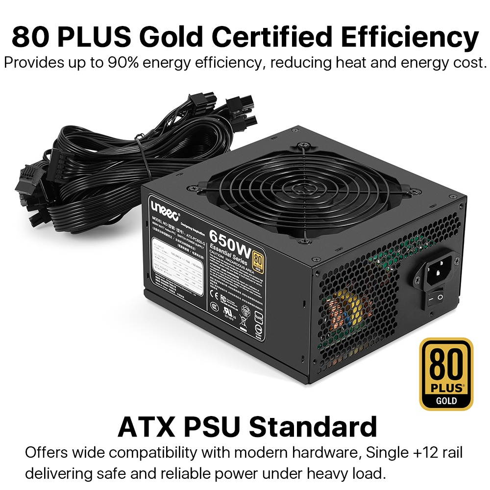 Power Supply 650W G Continuous output 80+ Plus Gold Certified ATX Computer PC PSU w/ Silent Fan 33dbm maximum, STI Crossfire Game, Dual CPU, Active PFC Auto Adapter f/ Gaming Server Workstation