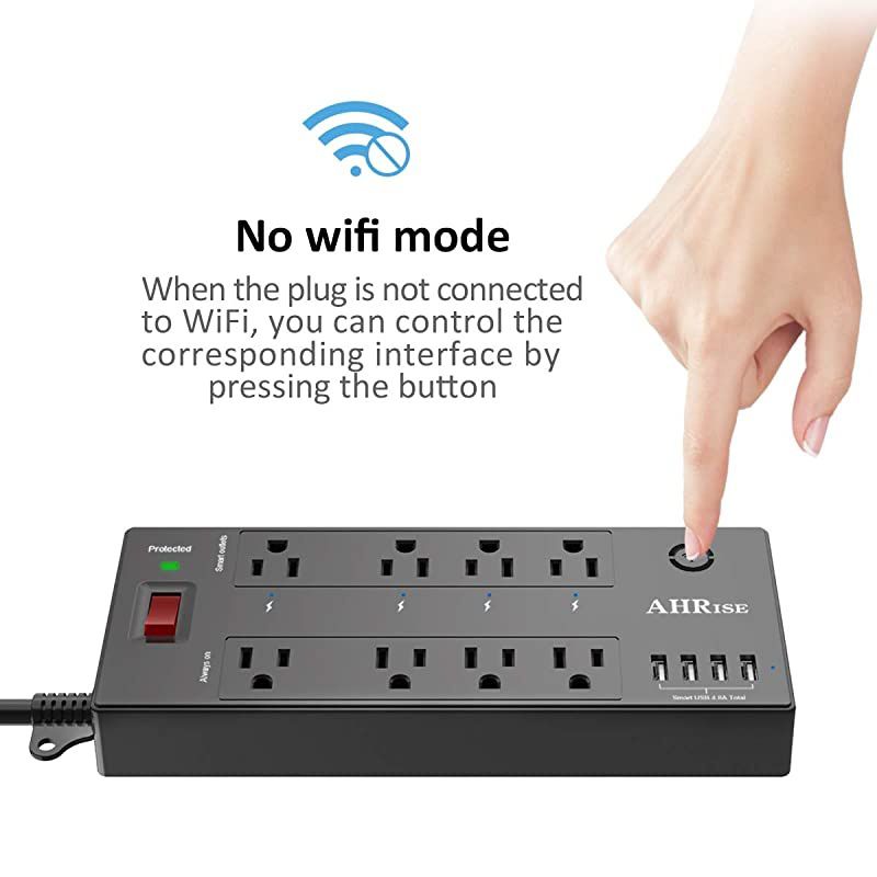Smart Plug, Power Strip,  WiFi Surge Protector(1680 Joules with 4 Smart Outlets and 4 Always on outlets and 4 USB Ports(Smart 4.8A 24W Total), 6ft Extension Cord, 1875W/15A, Black