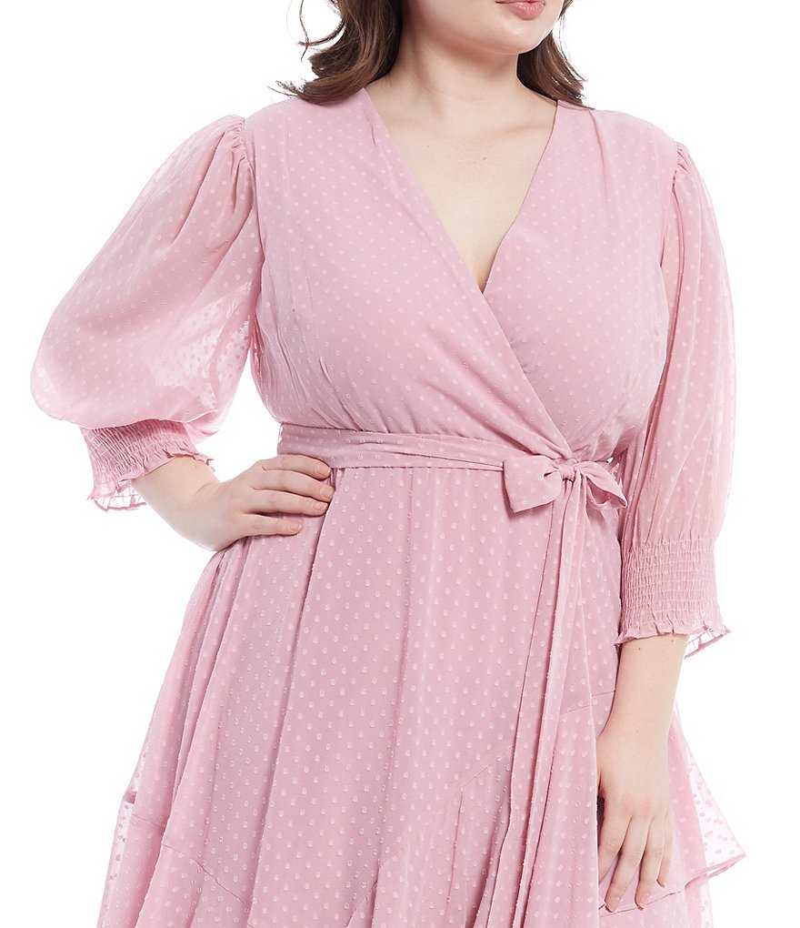 Maison Tara Plus Size V-Neck 3/4 Sleeve Mini Dot Ruffle Hem Chiffon A-Line Dress