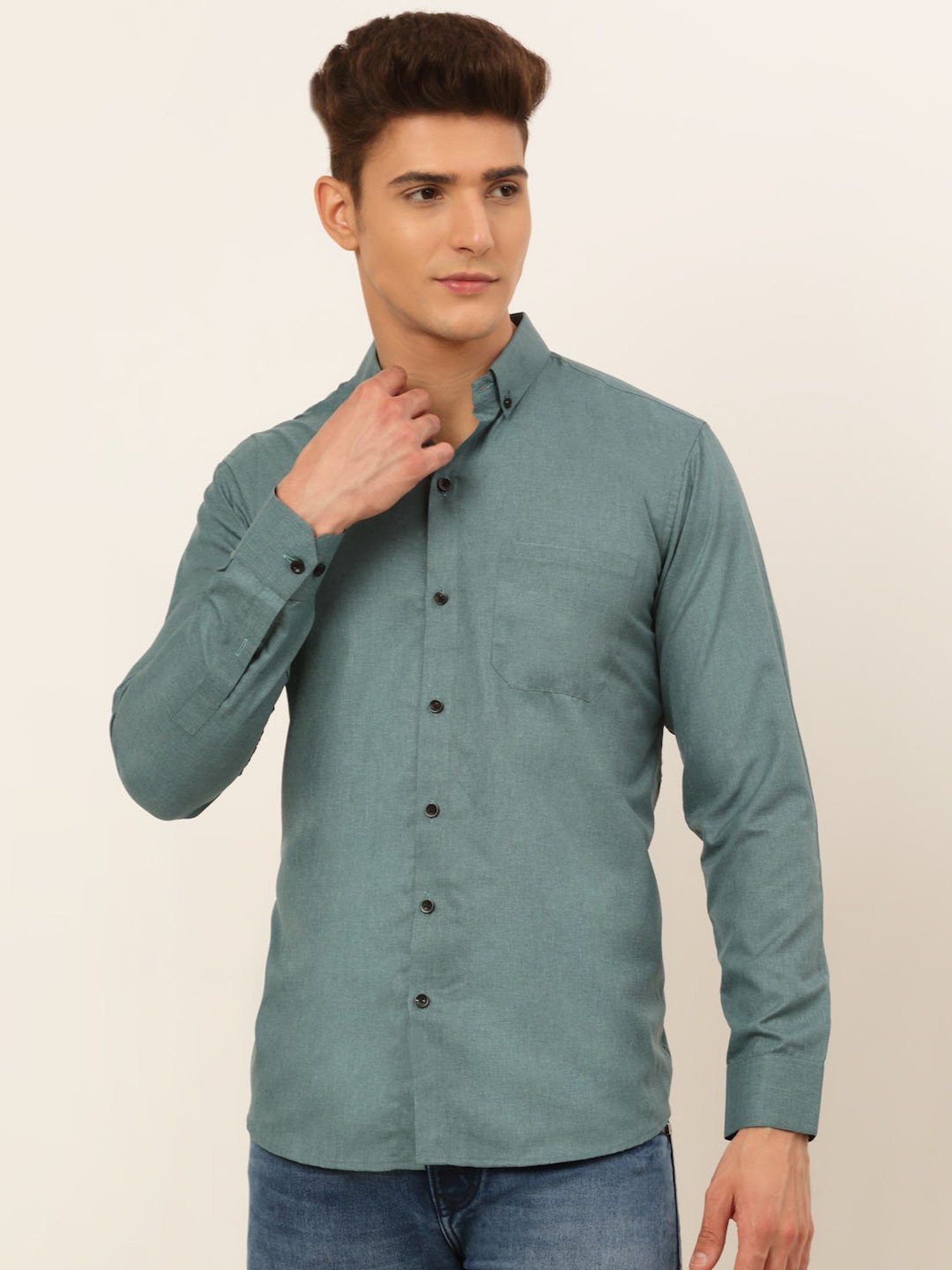 Jainish Olive Green Cotton Regular Fit Shirt