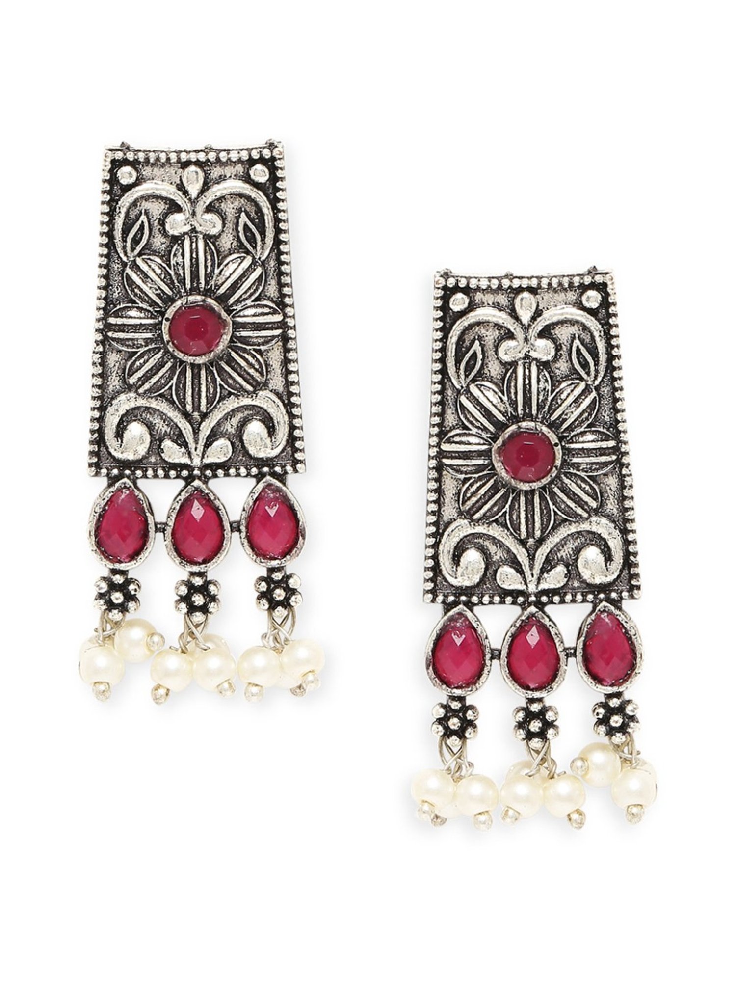 OOMPH Jewellery Oxidized Silver Look Alike Maroon & Pearls Geometric Floral Design Stud