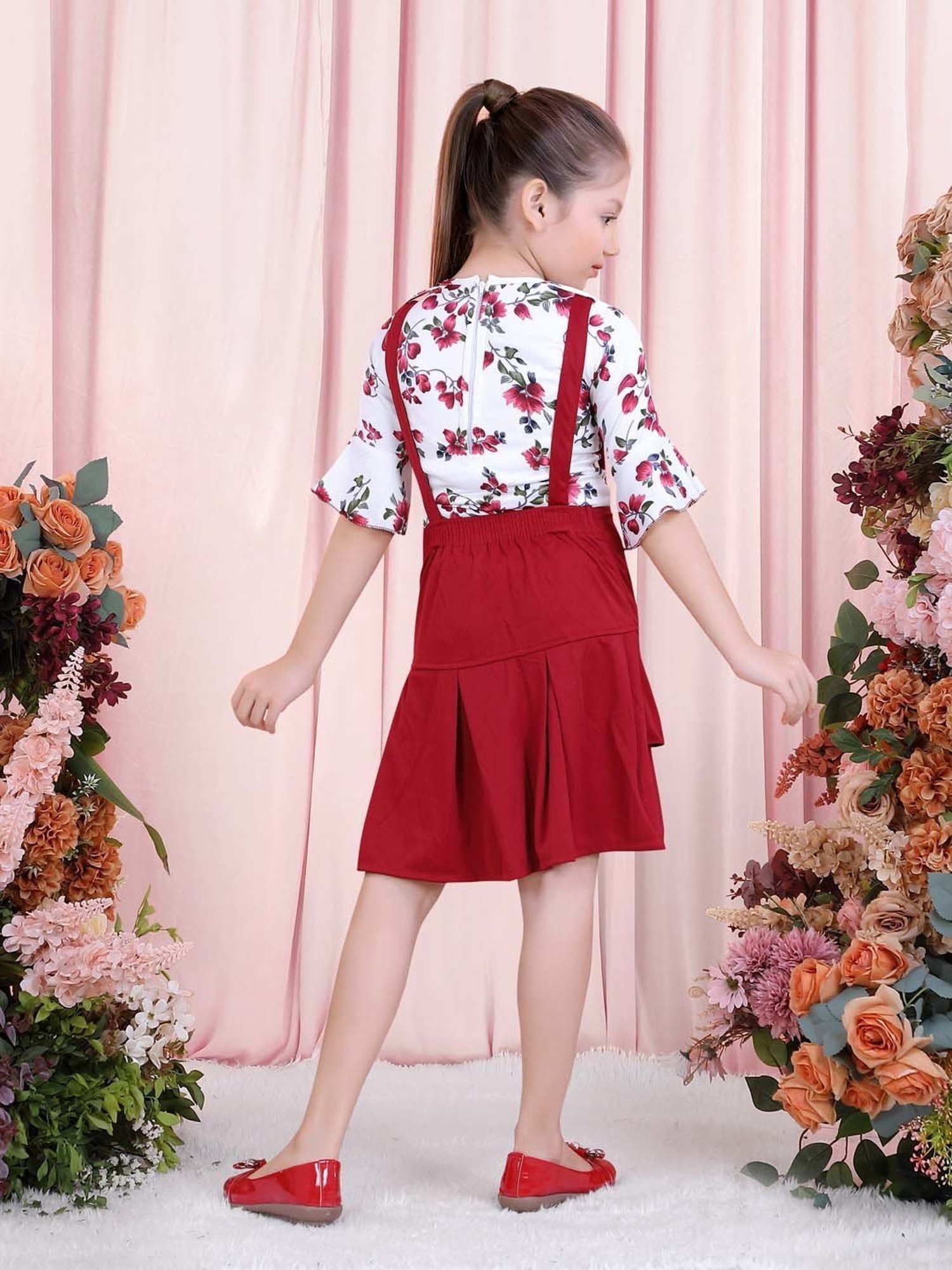 poplins Kids Maroon & White Cotton Printed Top Set