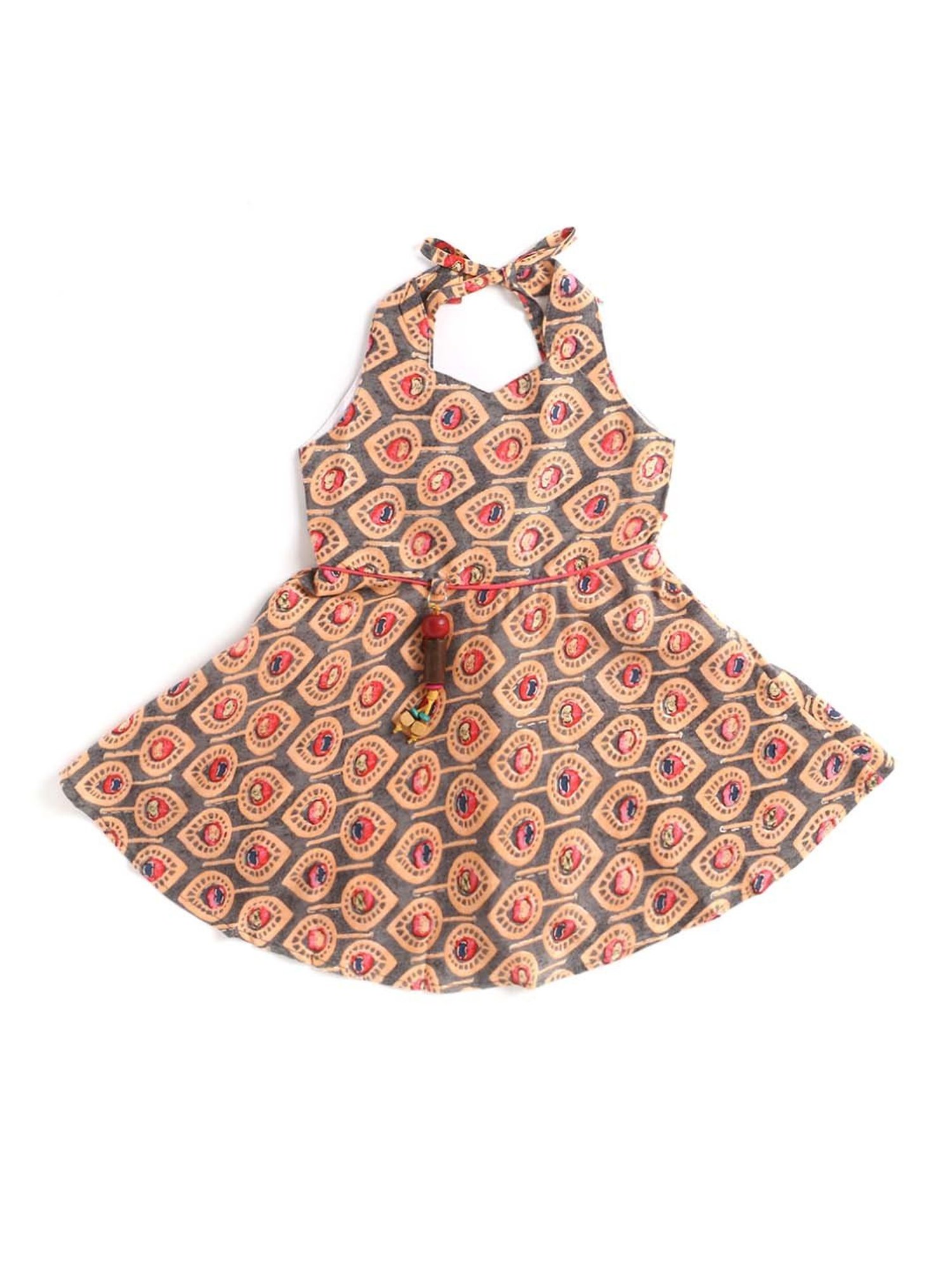The Magic Wand Kids Peach & Grey Cotton Printed Dress