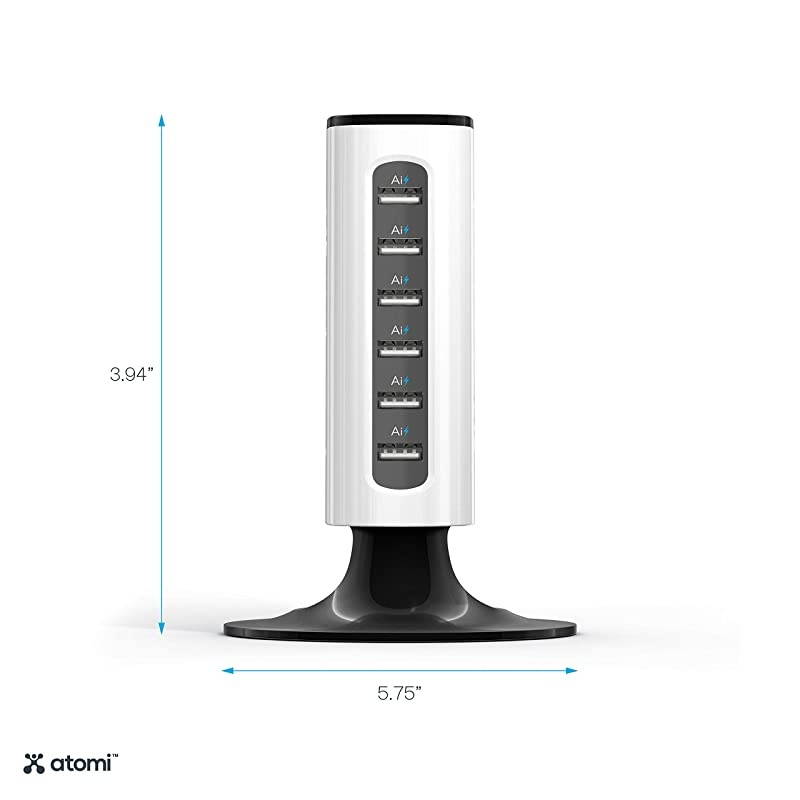 Charge Tower Pro - USB Desktop Charging Station, 6 Ports with Ai Rapid-Charge Technology - Black and White