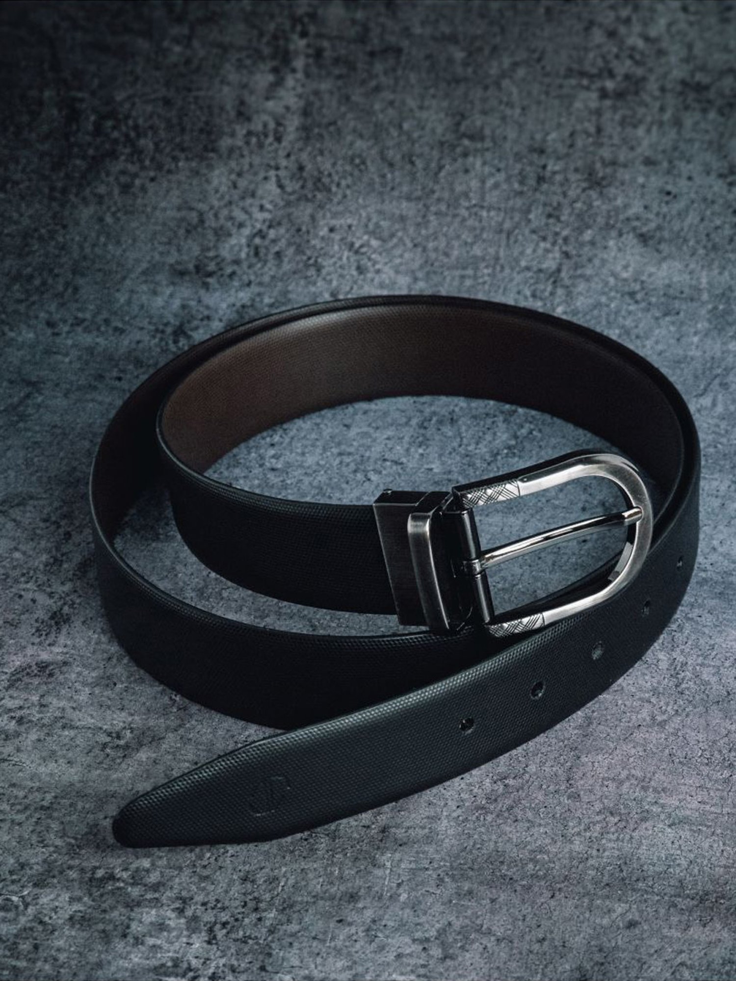 James Aston Mini Hexagono Black & Brown Leather Solid Reversible Belt