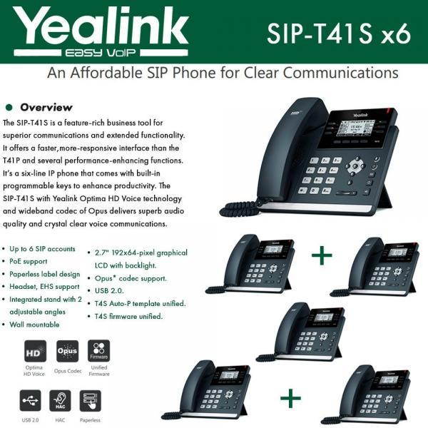 Yealink SIP-T41S 6-Pack IPPhone Gigabit Ethernet PoE Optima HD Voice