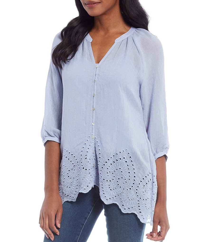 Figueroa & Flower Petite Size Diana 3/4 Sleeve Eyelet Hem Button Front Top