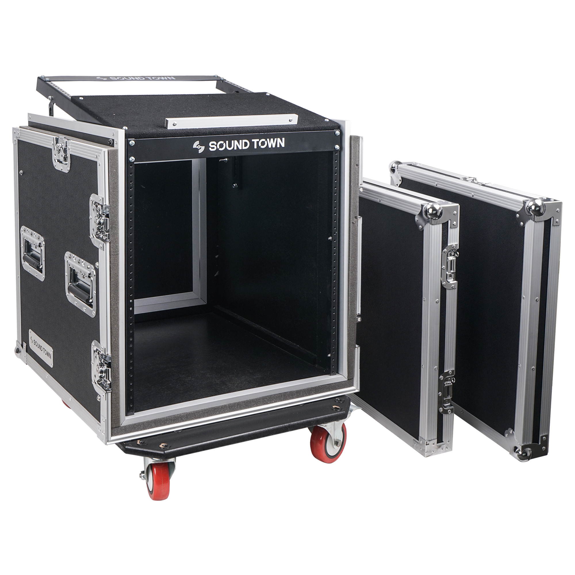Sound Town Shock Mount 12U ATA Rack Case with 20&rdquo; Rackable Depth, 11U Slant Mixer Top and Casters, 12-Space Size (STMR-SP12UW)