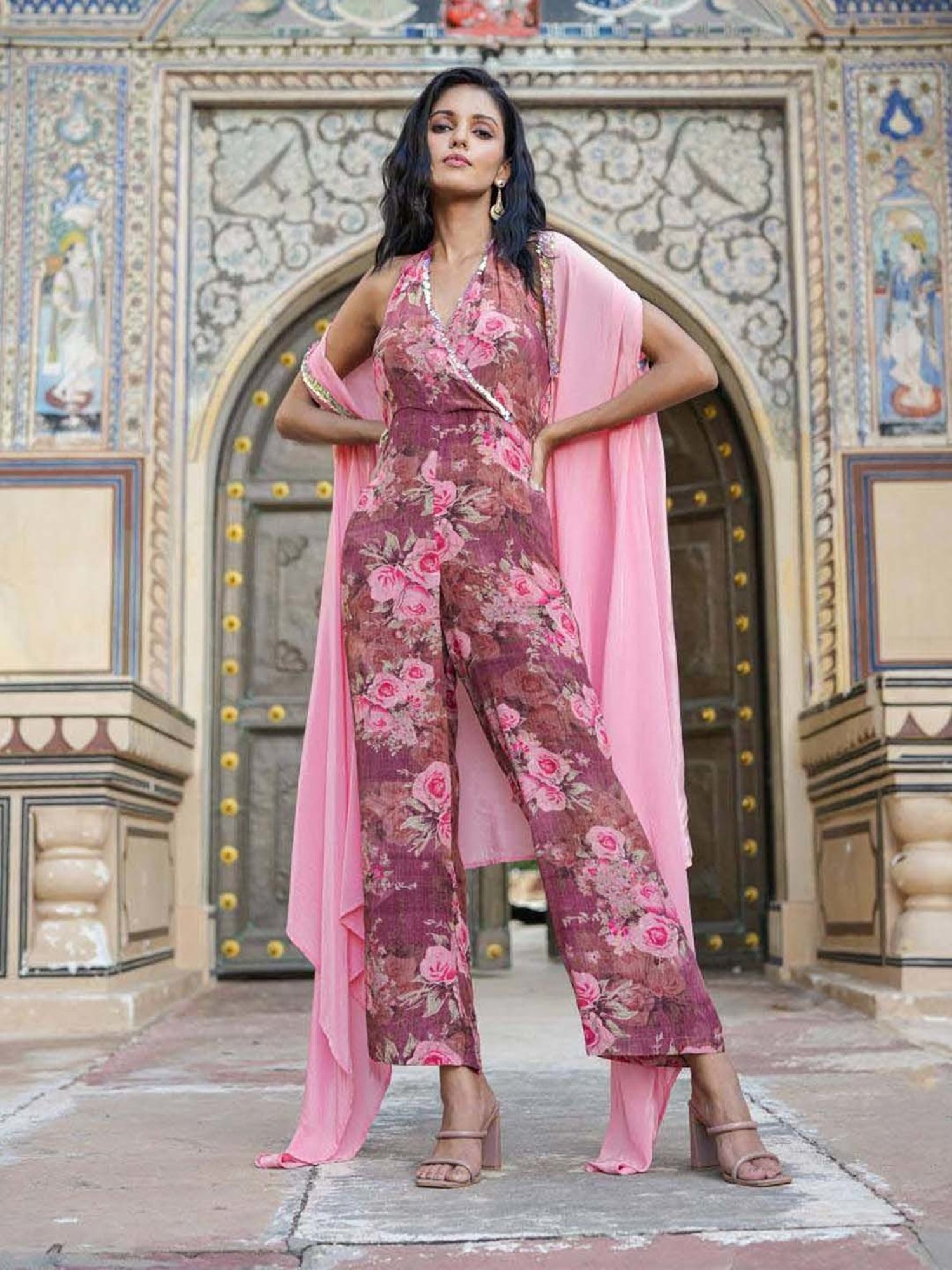 SCAKHI Purple Printed Jumpsuit With Cape
