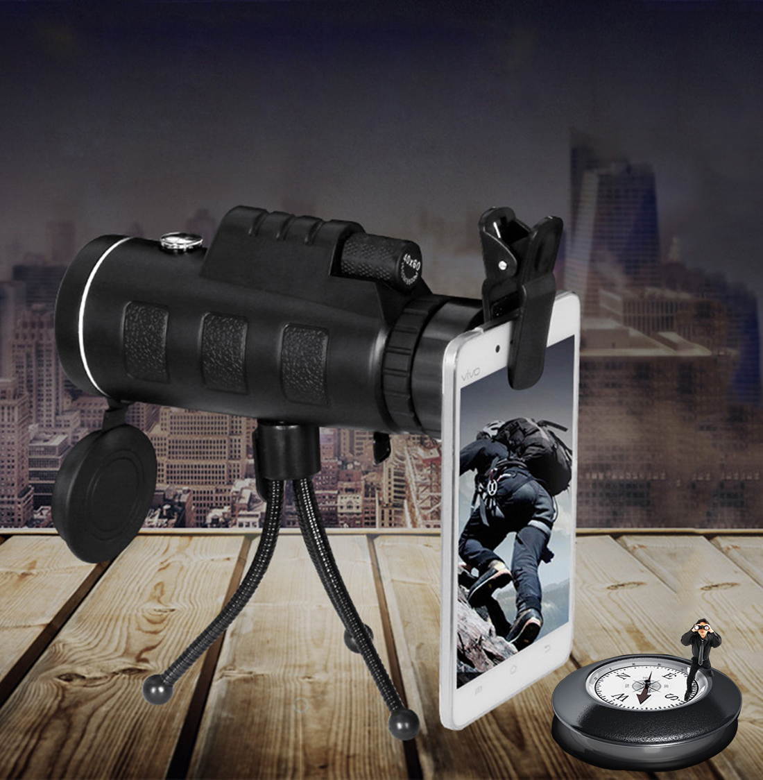 UrChoiceLtd&reg; PANDA 40x60 Compass Monocular HD Telescope Spotting Scope Dual Focus Optical Prism  Night Vision Tourism Scope Zoom Binoculars For Sky Gazers with Free Tripod & Mobile Phone Bracket