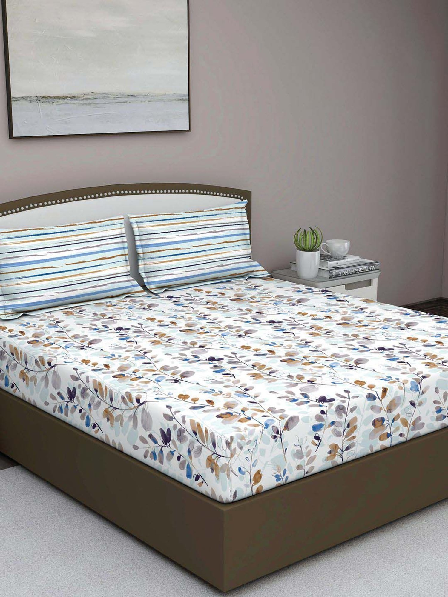 GM Blue & Grey Cotton 140 TC Queen Size Bedsheet With 2 Pillow Cover