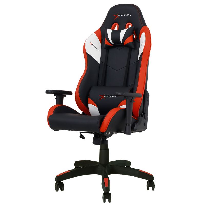 E-Win Calling Series Ergonomic Computer Gaming Home Office PU Leather Tall Back Chair with Pillows, Black and Red