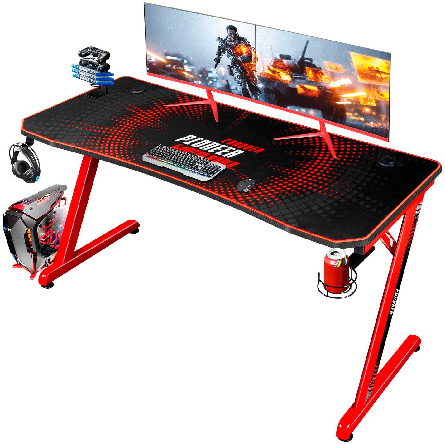 Devoko Gaming Desk 55 Inch Computer Gaming Desk Z-Shaped Pc Gaming Desk with Carben Fiber Surface Gamer Desk with Free Mouse Pad Home Office Desk with Cup Holder and Headphone Hook (Black)