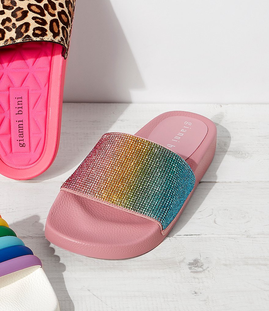 Gianni Bini Fyffer Rainbow Rhinestone Embellished Pool Slides