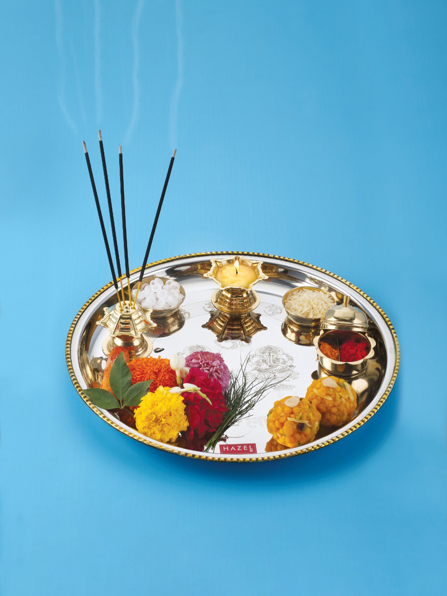 HAZEL 'Diva' Silver Stainless Steel Puja Thali Set with 1 Diya & 1 Bati