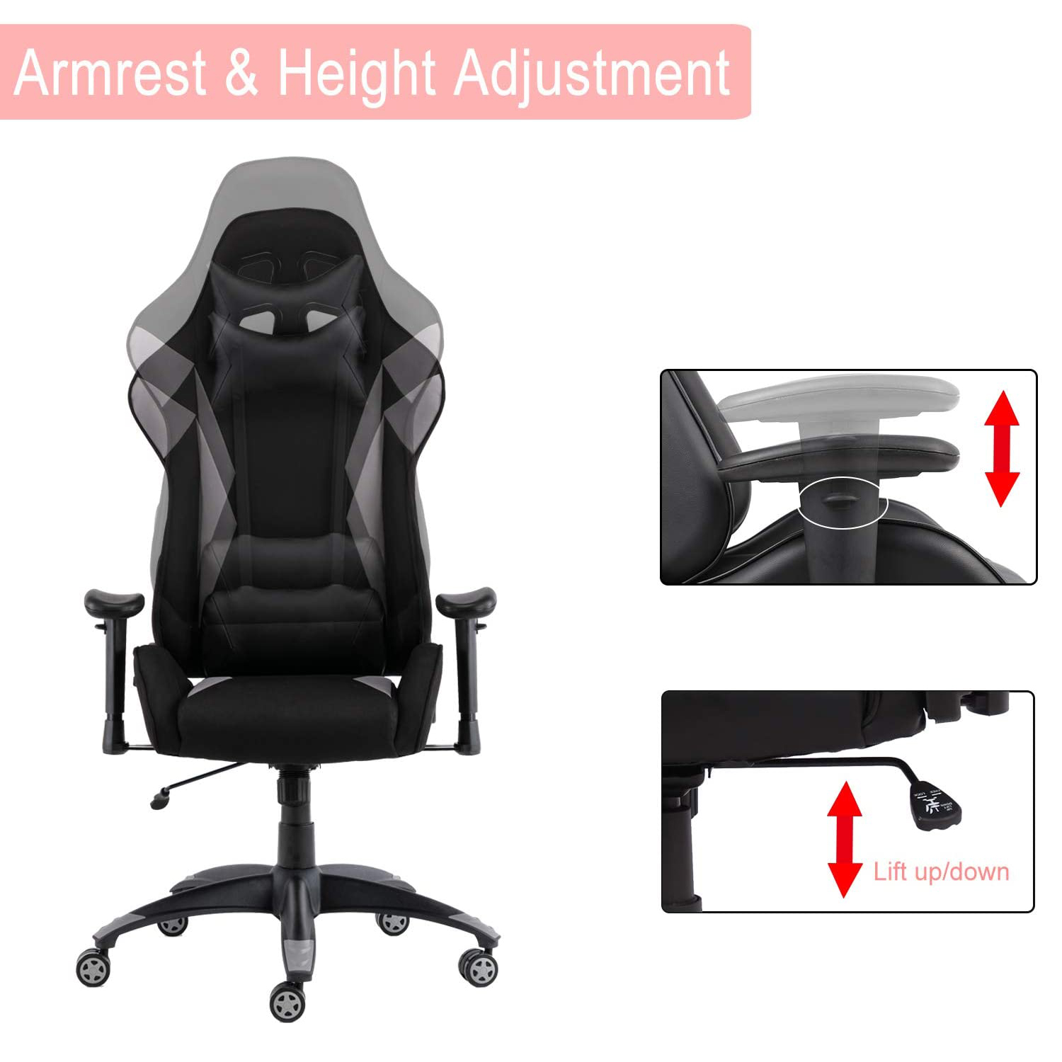 SMUGDESK Gaming Chair Racing Computer Desk Office Chair High Back Game Chair Seat Height Armrest Adjustable Swivel Ergonomic Task Chair with Headrest and Lumbar Support,Grey