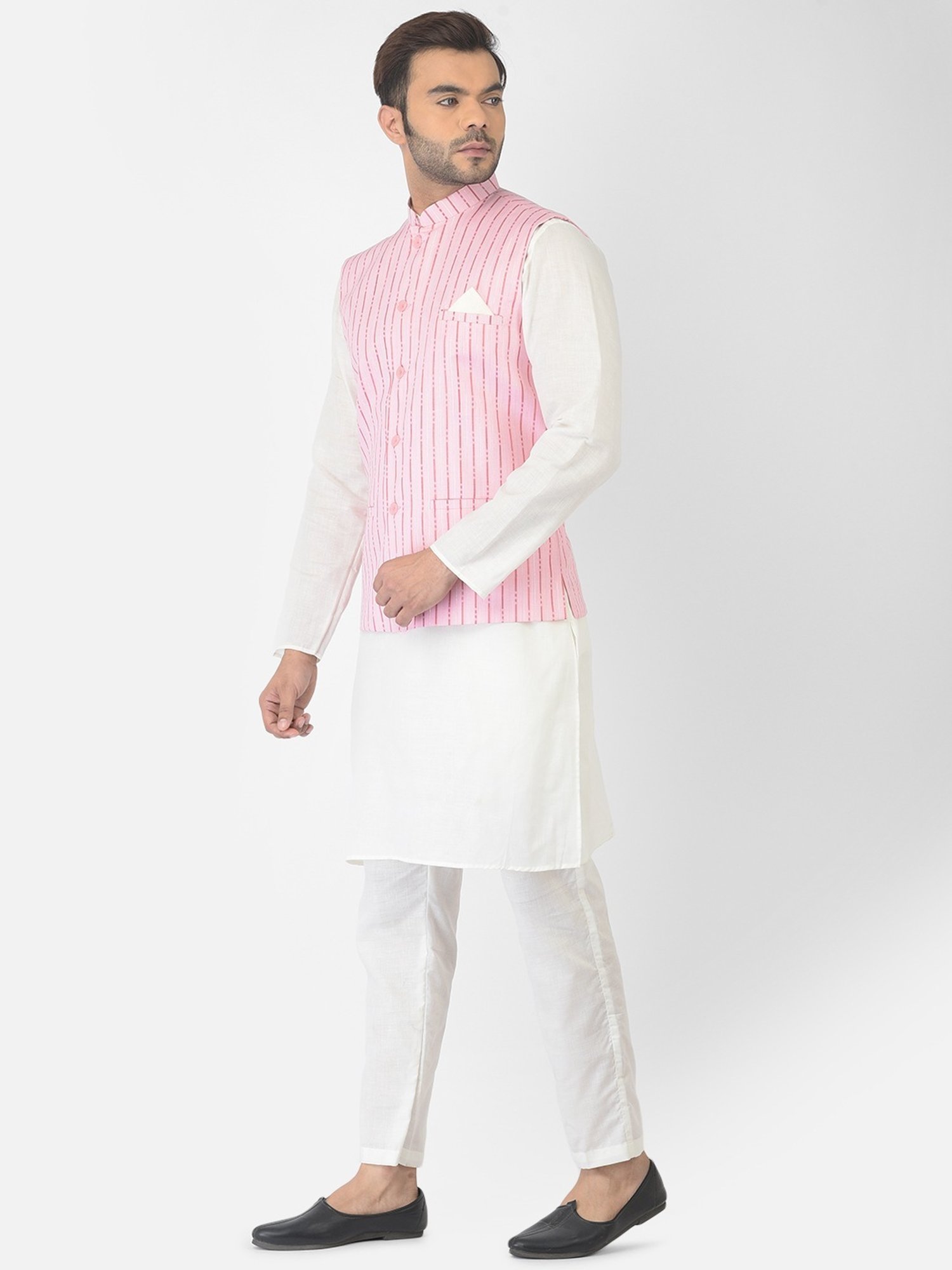 Deyann White & Pink Cotton Regular Fit Striped Kurta Set With Jacket