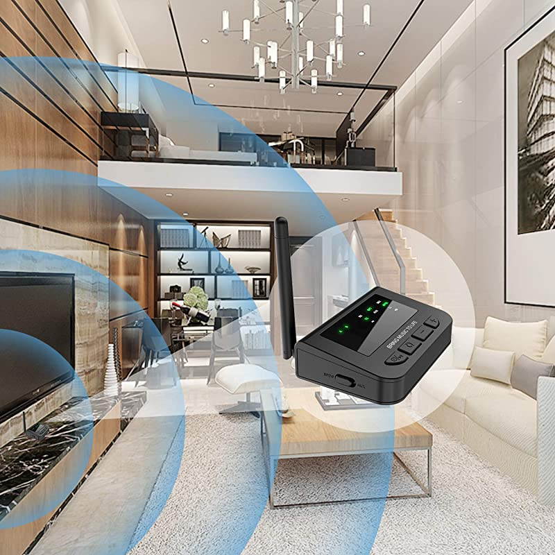 aptX HD Long Range Bluetooth 50 Transmitter Receiver for TV Wireless Audio Adapter with PassThru for Home Stereo Optical AUX RCA Always ON aptX Low Latency Dual Stream Pair to AirPods