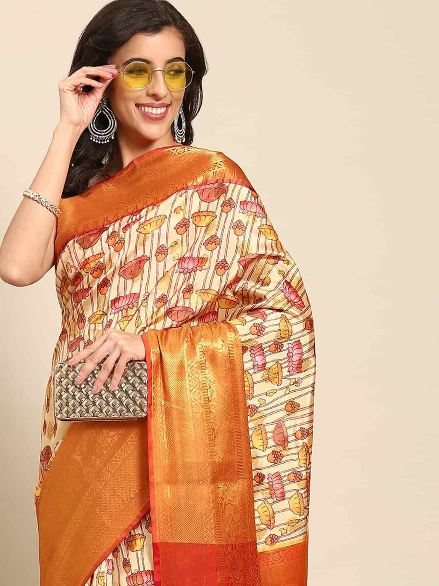 Silk Land Beige & Orange Silk Floral Print Saree With Unstitched Blouse