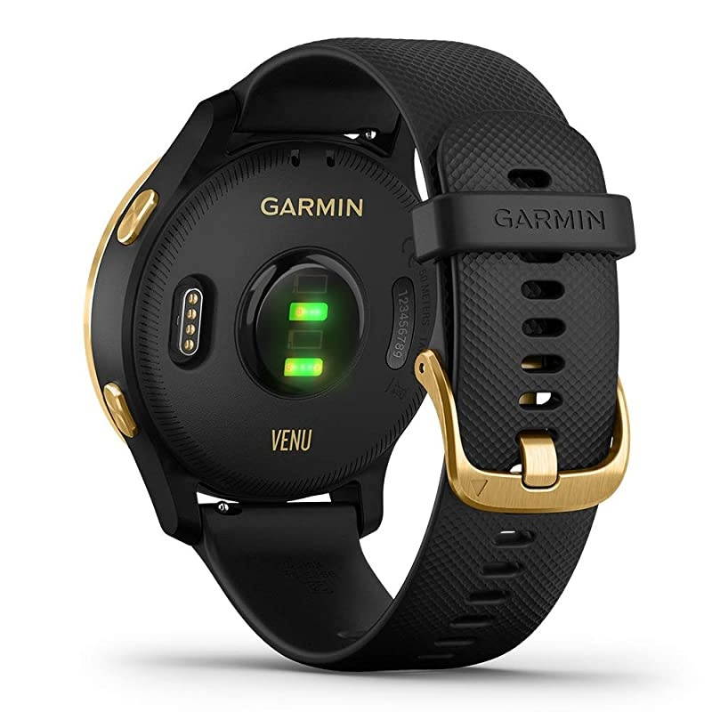 Garmin Venu (Black/Gold) Power Bundle | +HD Screen Protectors (x4) &  Portable Charger | AMOLED Display, Spotify | Fitness GPS Smartwatch